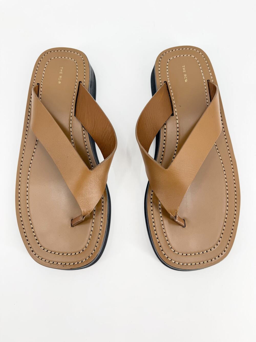 The Row Ginza Tan Calfskin Leather Platform Thong Sandals Size 40 EU US 9.5 10
